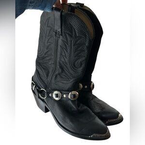 Durango Black Leather Cowboy Boots with Metal Toe Tip and Harness